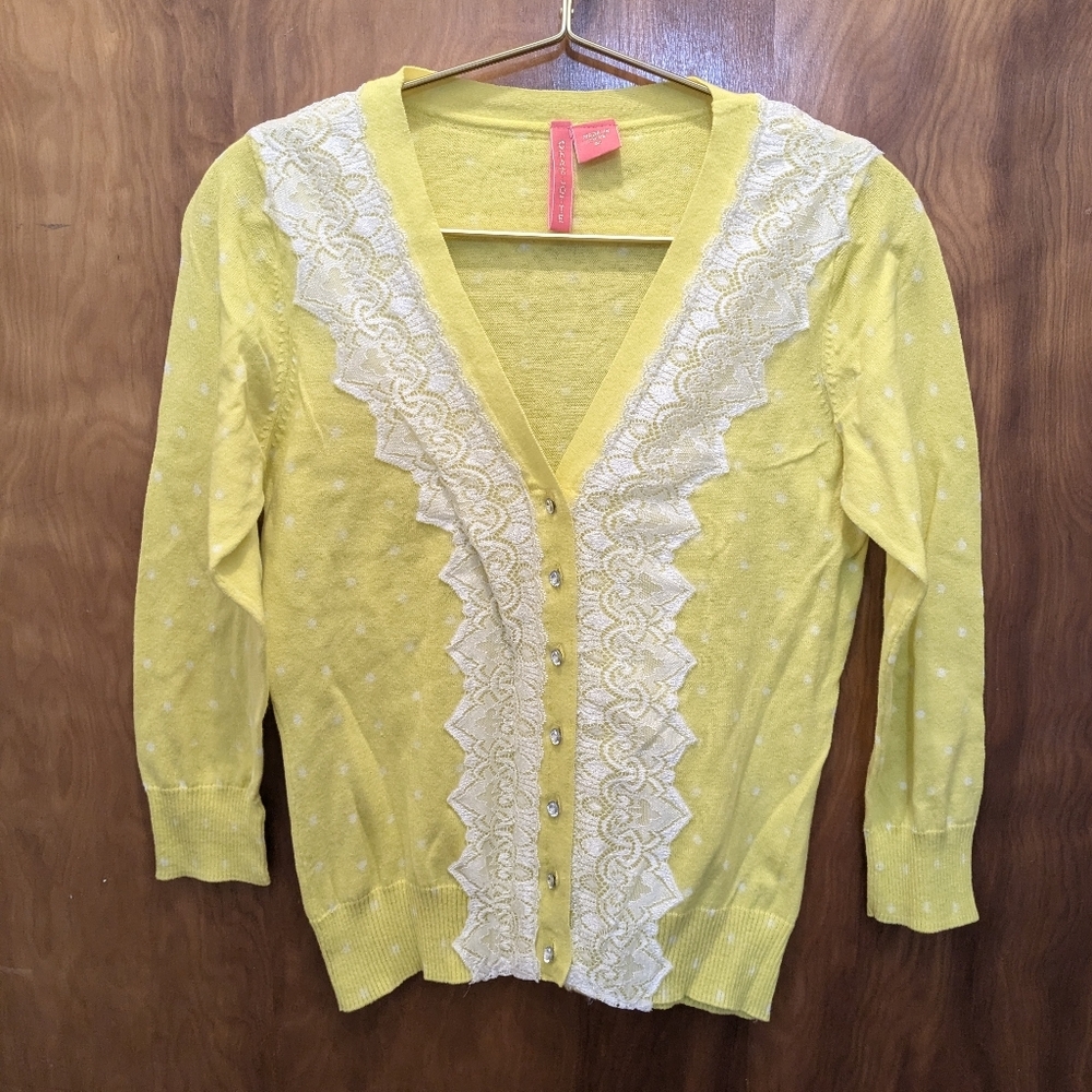 Charlotte Medium Yellow w/ White Polkadots Cardigan w/ Rhinestone & Lace Details